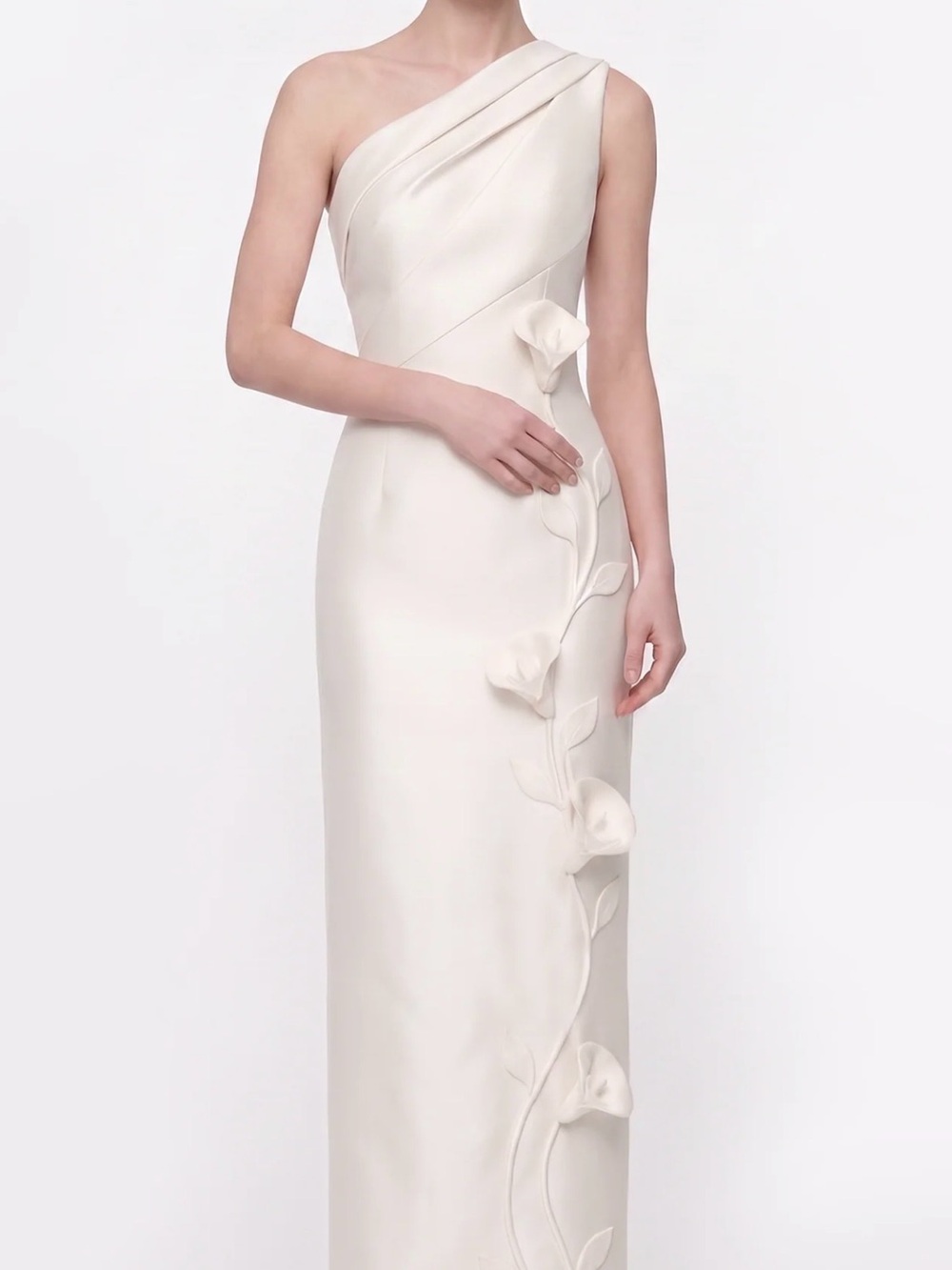 JW PEI One-Shoulder Ivory Sculpted Floral Gown